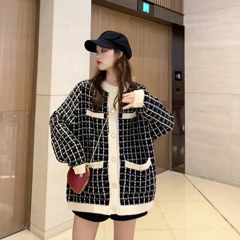 Ladies Autumn Loose Sweater Jacket Retro Shirt Long Sleeve Plaid Single Breasted Knit Cardigan