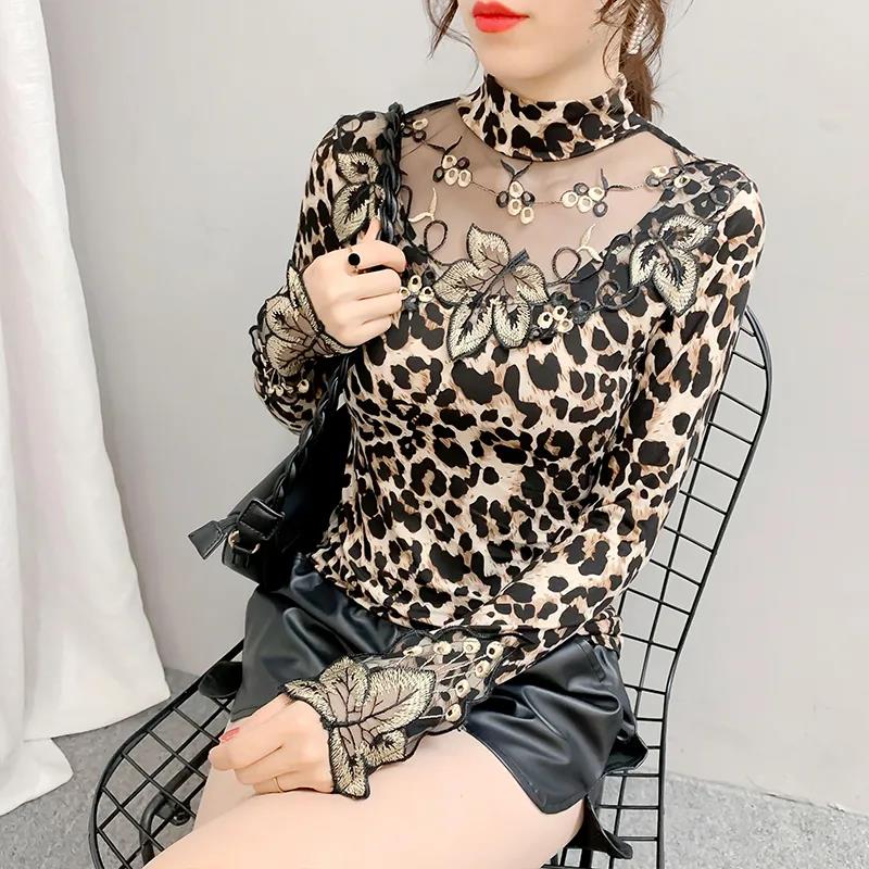 Spring Leopard Print Long Sleeve Bottom Shirt Fashion Lace Embroidered Top Slim Fit Sexy Plus Size Women's Top