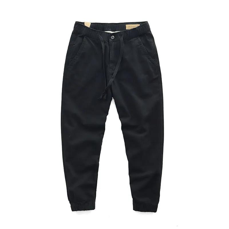 Retro Casual Overalls Pure Cotton Loose Straight Sports Nine-point Drawstring Trousers Men