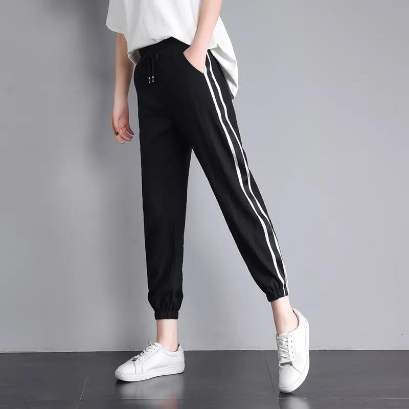 Pants Female Summer Ice Silk Cotton Linen Student Korean Casual Pants Nine Points Harem Pants Loose Sweatpants