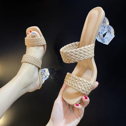 High-heeled Slippers Women's Summer Wear Fashion Woven Sandals Bohemian Ethnic Style Crystal Thick Heel Women's Summer Wear