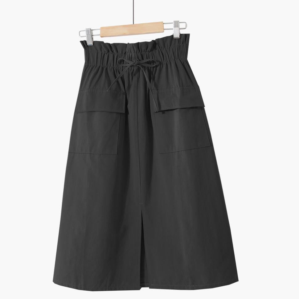 Casual Solid A-line Cotton Midi Skirts Women 2020 Summer Long Black Skirts Womens Pocket Elastic Waist Womens Skirts Female