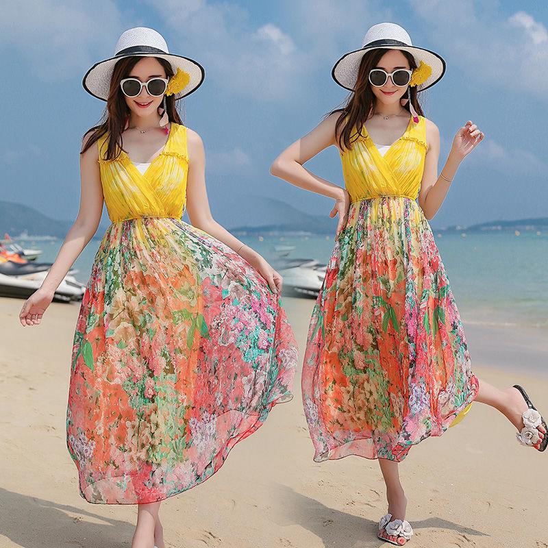 Bohemia Long Chiffon Floral Dress Boho V-Neck Sleeveless Evening Beach Maxi Dress  Sundress