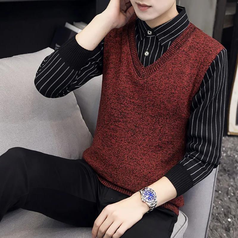 Plus Velvet Autumn and Winter Men's Sweater Fake Two-piece Sweatshirts Trend Slim Knit Sweater Solid Color Wool