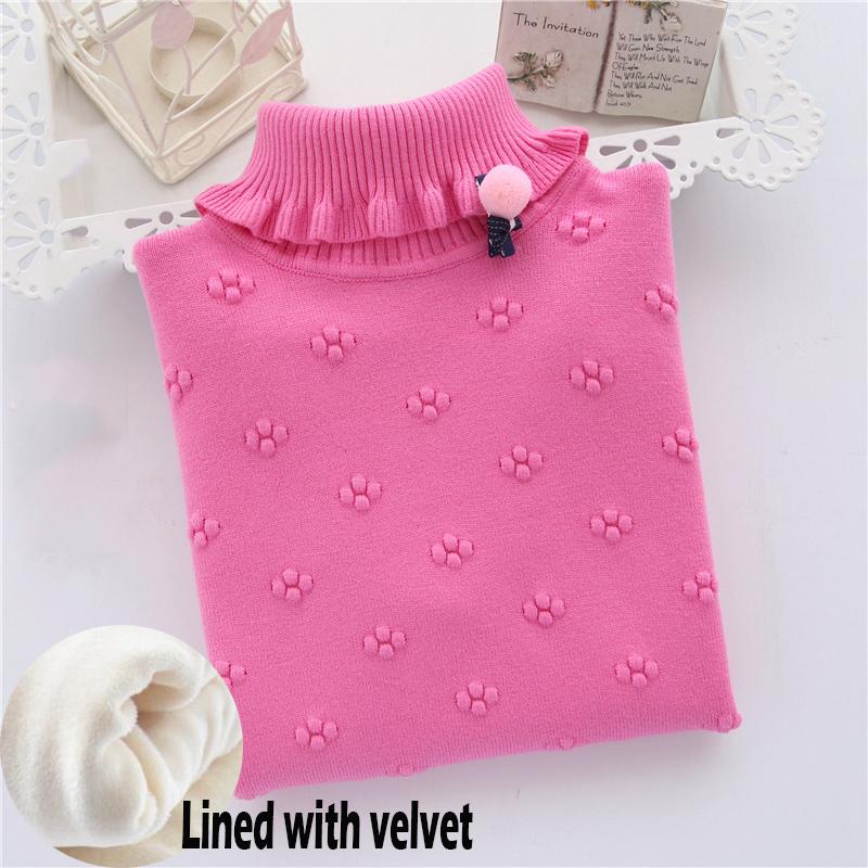 Girl Sweater Plus Velvet Thick Autumn and Winter Solid Color Set High Collar Long-sleeved Big Children's Knitting Shirt