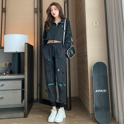 Pants Women's Loose All-match Trend Overalls High-waisted Thin Black Sports Pants Female High-waist Students