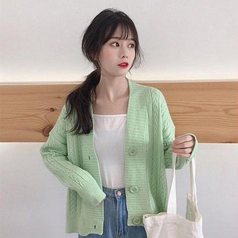 Spring and Autumn Knitted Loose Sweater All-match Long-sleeved Cardigan Sweater Fashion Solid Color Female Jacket