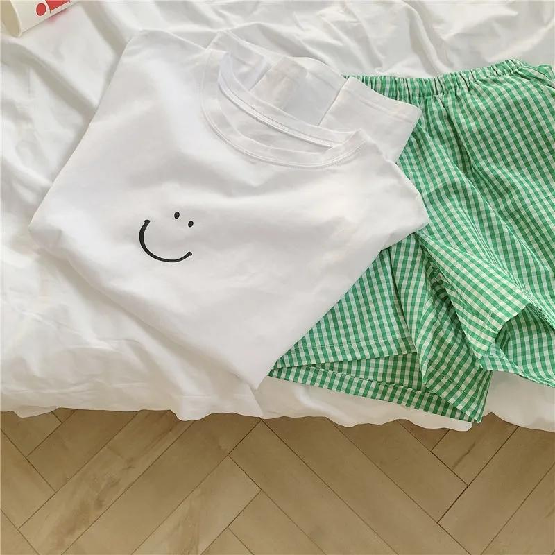 2PCS Ins Summer Smiley Print White T Short Sleeves + Plaid Shorts Pajamas Home Clothes Two-piece Suit Women Go Out Casual Suit Athletic Clothing Sets