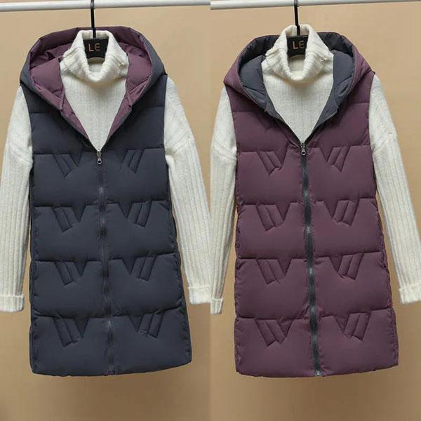 Women's Autumn and Winter Solid Color Loose Vest Hooded Long Reversible Vest Jacket Cotton Padded Windproof Warm Vest