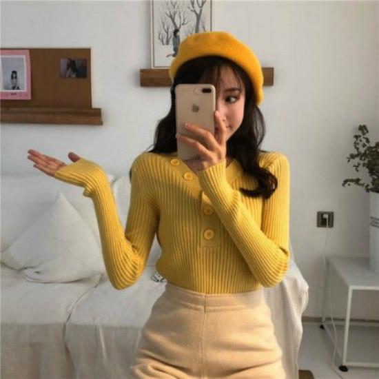 Pofulove Girly V- Neck Button Pullover Long Sleeve Sweater Women Solid Color Slim Waist Knitwear
