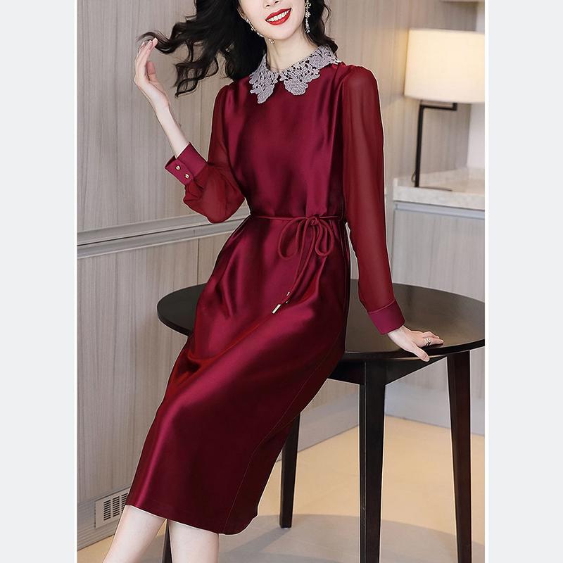 Plus Size M-XXXXL Summer Silky Satin Ladies Dress Over-the-knee Stand-collar Dress Free Belts of The Same Color