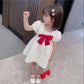 Girls Short Sleeve Dress Summer Thin White Children Princess Dress Summer Dress Cute Red Bow A-line Skirt