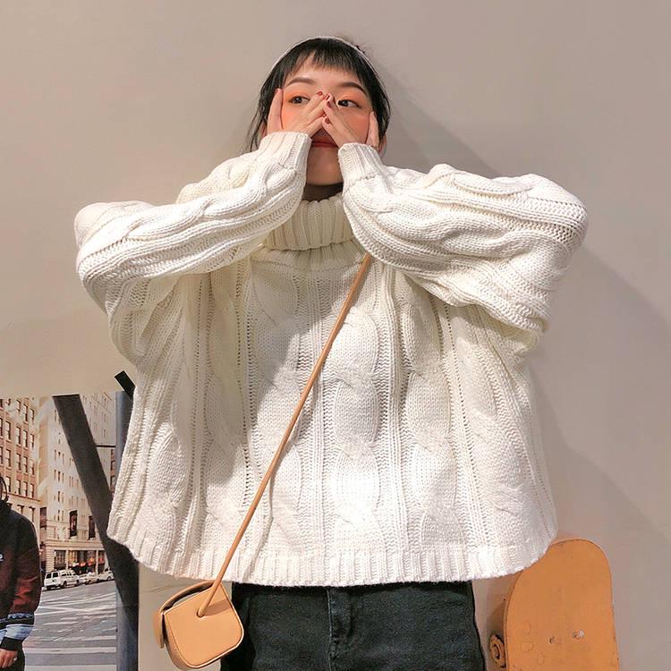 Solid Color Thick Turtleneck Sweater Autumn and Winter Loose Twist Pullover Knitted Sweater