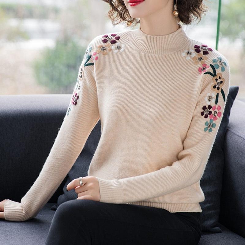 Sweater Women's Half Turtleneck Pullover Knitwear Top Embroidered Loose Pure Color Trending Sweater Autumn and Winter Lady Style