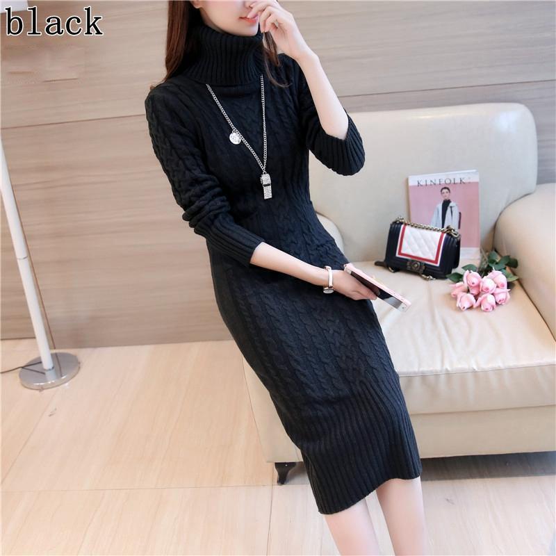 High Neck Long Sweater Autumn and Winter Over The Knee Retro Slim Bottoming Shirt Fashion Knitted Dress
