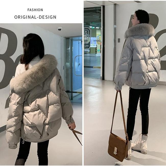 Korean Fashion Ladies Down Jacket Fox Fur Collar Thick Bread Jacket White Duck Down Short Down Jacket