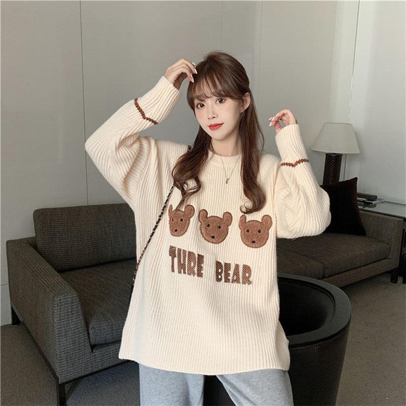 Autumn Winter  Women Fashion Bear  Sweater Casual Knitting Sweater  Round Neck Pullovers Loose Casual Long Sleeve Sweater