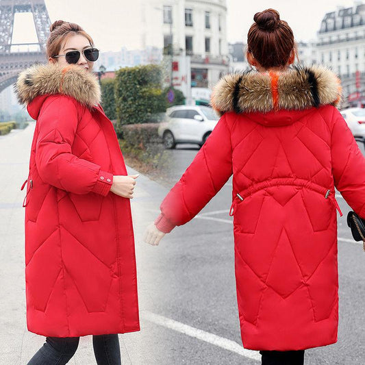 Ladies Winter Coat Mid-length Large Fur Collar Hooded Down Coat Slim Fit Hooded Thick Warmth Parka Coat
