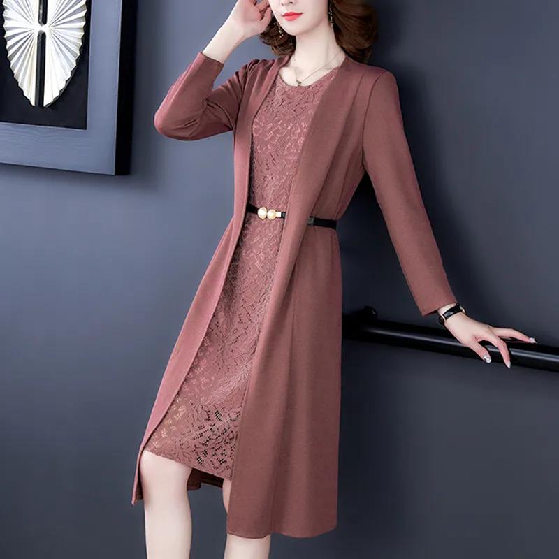 Summer Autumn Stylish Women Vintage Long Sleeve Loose Sundress 2021 Casual Maxi Dress Solid Party Two Piece