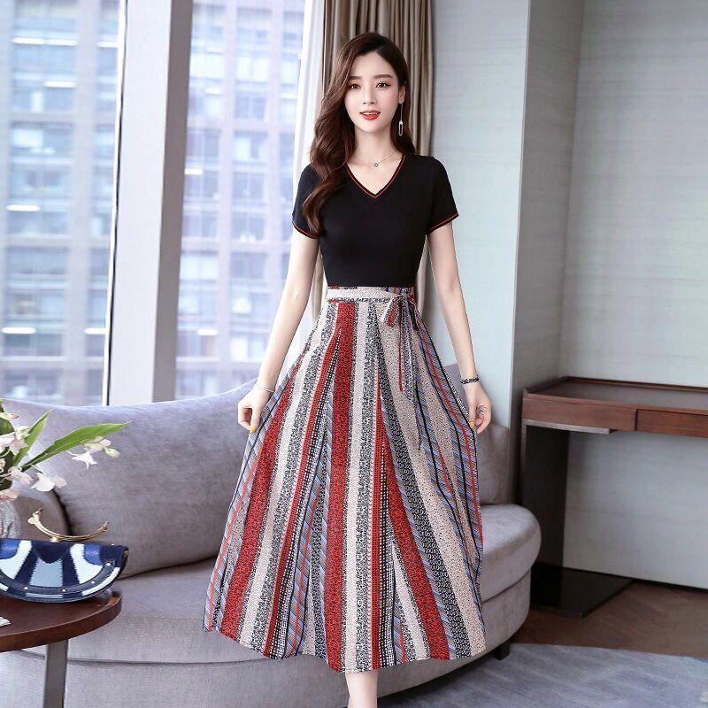 M-XXXL 2 Pieces Ladies Suit Skirt Spring and Summer Short Sleeve  Mid-length Casual Vacation Office Home