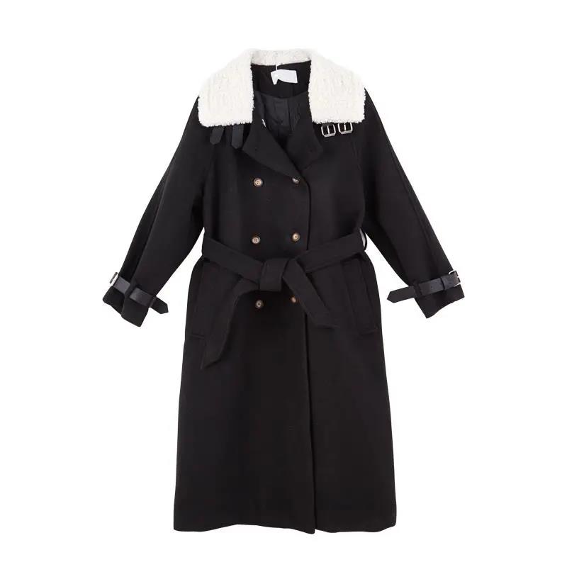 Autumn and Winter Woolen Coat Retro Double-breasted Lamb Wool Thick Woolen Coat Women's Mid-length Stand-up Collar Woolen Coat