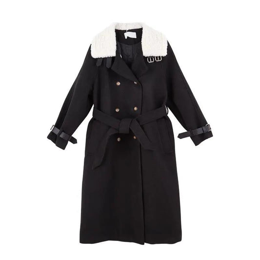 Autumn and Winter Woolen Coat Retro Double-breasted Lamb Wool Thick Woolen Coat Women's Mid-length Stand-up Collar Woolen Coat