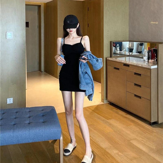 Deep V-Neck Folds Blackless Bodycon Dress Sling Elegant Solid Slim Lady Fashion Dresses