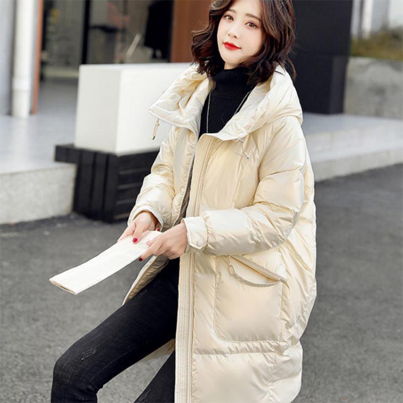 Women's Winter Korean Loose Quilted Coat Warm Stand-collar Down Jacket Women's Glossy Mid-length Down Jacket