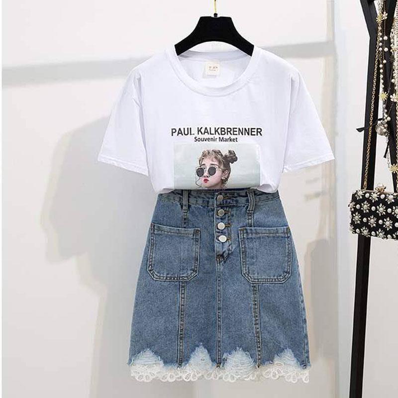 Lace Side Korean Students High Waist Denim Skirt Half Skirt Spring and Autumn Net Red New Hip A-shaped Skirt Two Pieces