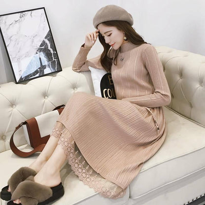 Knitted Long Lace Thick Sweater Dress Large Size Women Over Knee Loose Bottoming Knitwear