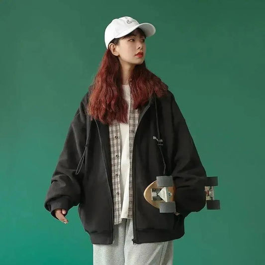 Coat Thickened Autumn and Winter Zipper Loose Sports Salt Cardigan Hooded Long-sleeved Warm Casual Jacket Comfortable and Breathable