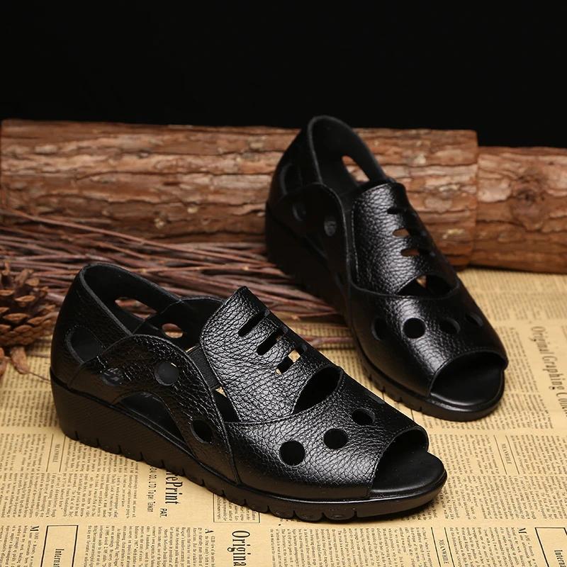 Mother Sandals Leather Soft Sole Middle-aged and Elderly Women's Shoes Non-slip Shoes Fish Mouth Shoes Granny Sandals Casual Shoes Wedges Work Shoes