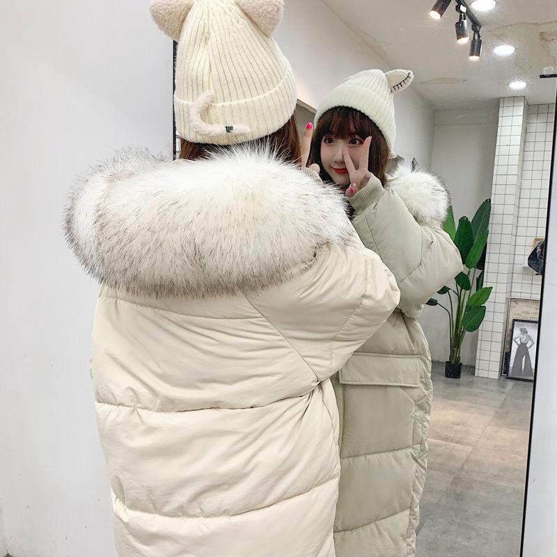 Winter Fluffy Big Fur Collar Hooded Down Jacket Women Mid-length Slim Over The Knee Thick Hooded Winter Warm Plus Fleece Jacket