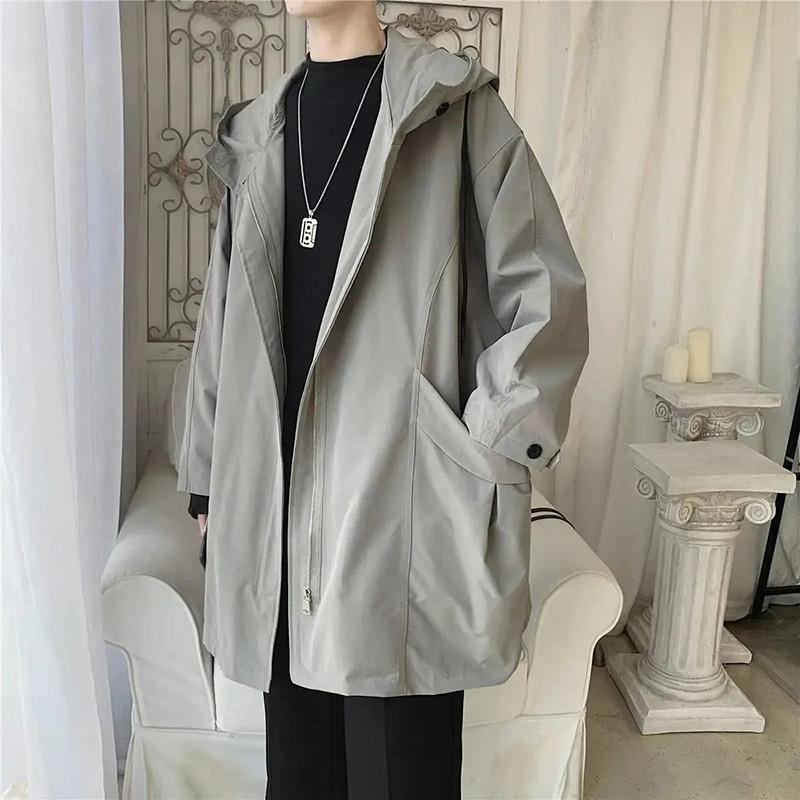 Tooling Jacket Men's Spring and Autumn Hong Kong Style Handsome Windbreaker Jacket Loose Tide Brand Mid-length Hooded Gown