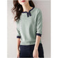 Contrast Color Design Sense Asymmetric Ladies Shirt Sweater Knitted Sweater Ice Silk Three-quarter Sleeve Pullover