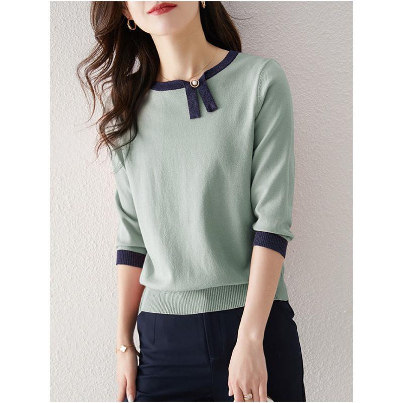 Contrast Color Design Sense Asymmetric Ladies Shirt Sweater Knitted Sweater Ice Silk Three-quarter Sleeve Pullover