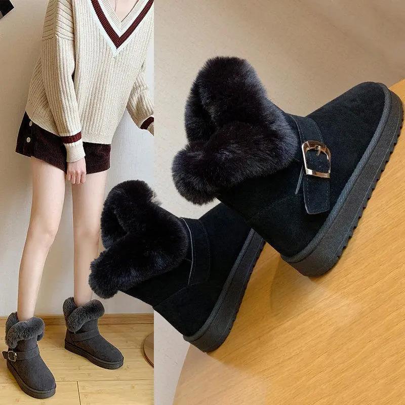 Snow Boots Women's Short Boots with Fur Autumn and Winter Short Tube Plus Velvet Thickened Mid Tube Boots