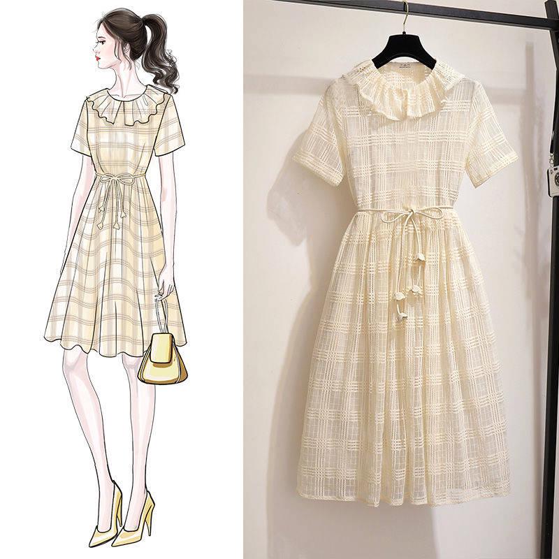 Vintage Dress Summer Peter Pan Collar Short Sleeve Lace A-line Dress Belted Pleated Dress