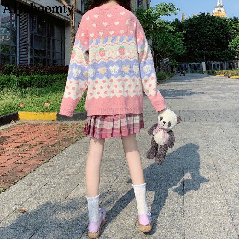 Japanese Preppy Style Autumn Winter Women Sweater Pink Strawberry Heart Warm Knitted Pullover Cute Kawaii Sweet Soft Overcoat