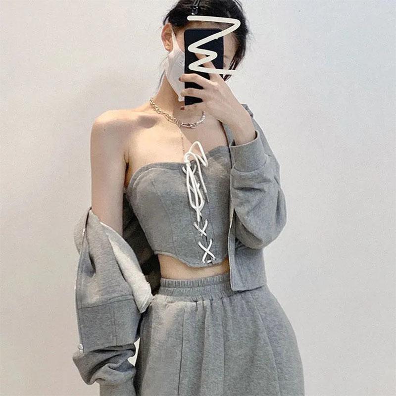 3PCS Women's Sports Street Adjustable Tube Top + Short Jacket + Loose Pants Three-piece Suit Ladies Long Sleeve Hooded Cardigan Jacket Suit
