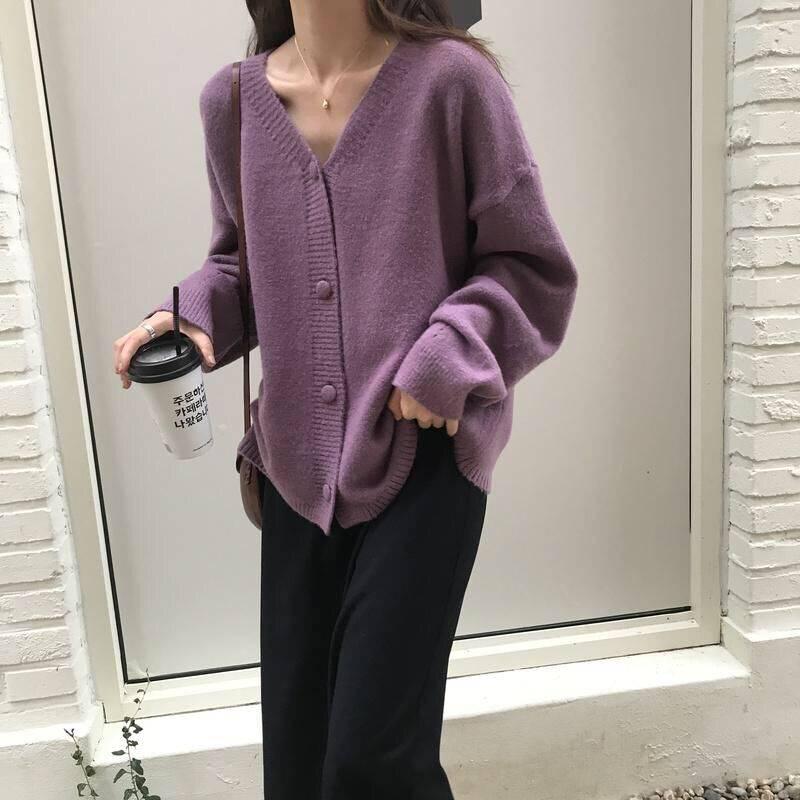 New Korean version of the loose thin long-sleeved avocado green knit sweater cardigan coat female