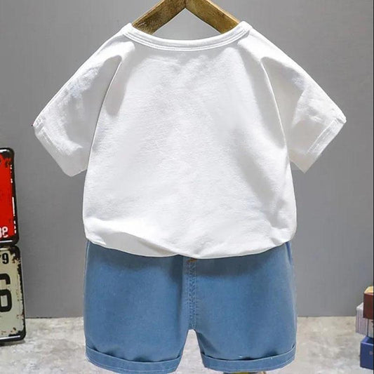 Children's Suit Summer Round Neck Short-sleeved T-shirt + Jeans Two-piece Sweet Rainbow Pattern Casual Suit
