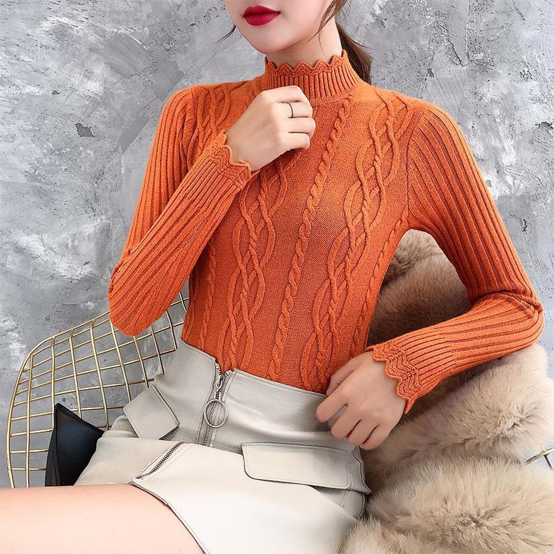 Women's Solid Color Warm Sweater Twist Knit Pullover Long Sleeve Lace Half Turtleneck Bottoming Shirt