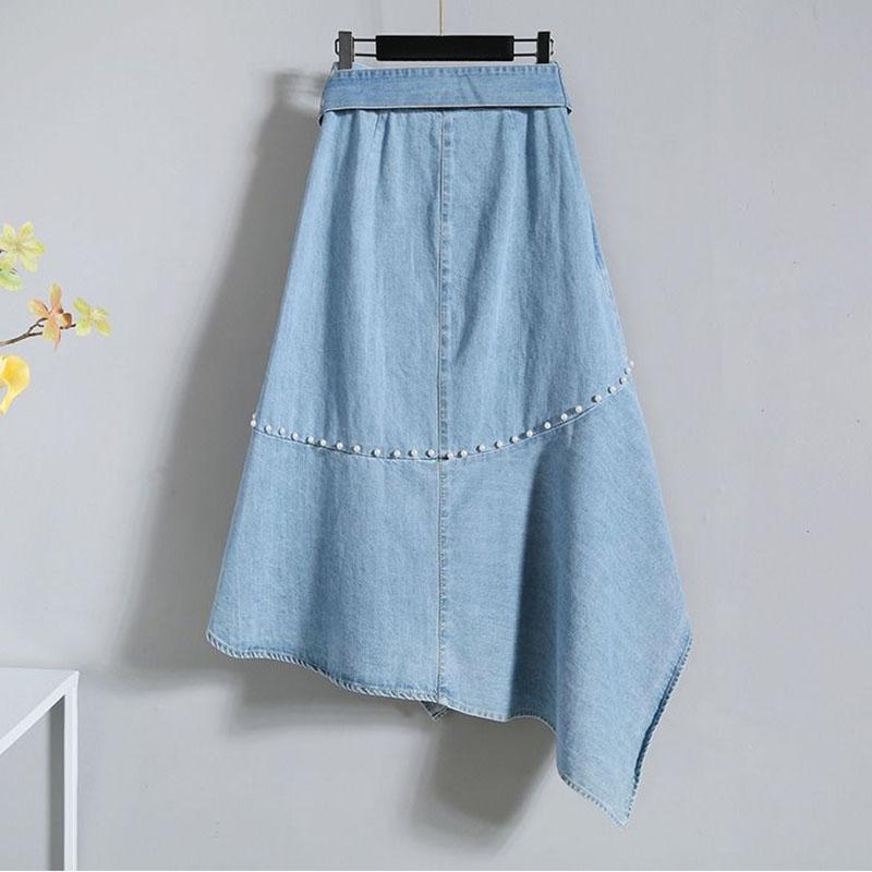 Fashion  Women Plus Size Skirt Set Summer Short Sleeve Printed T-shirt Asymmetric Denim Skirt 2 Piece Set Skirt and Tops