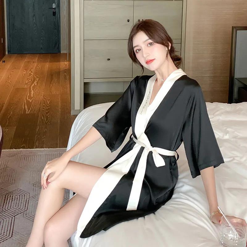 Japanese Summer Ice Silk Robe Bathrobe Home Service Silk Bride Bridesmaid Dressing Gown Simulation Silk Nightgown Female Plus Size Pajamas Skirt
