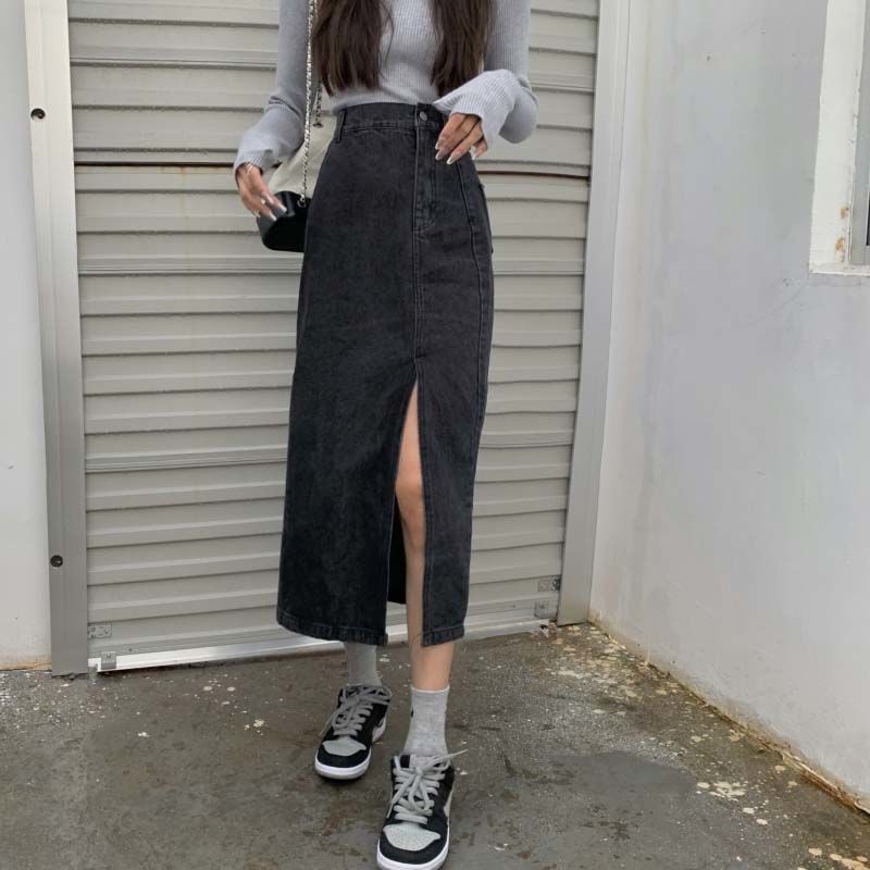 Women Sexy Sweet Solid Split Denim Skirt High Waist Over The Knee Hip Skirt Casual Club Home Office