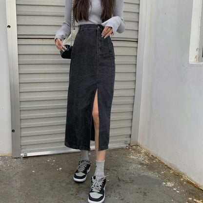 Women Sexy Sweet Solid Split Denim Skirt High Waist Over The Knee Hip Skirt Casual Club Home Office
