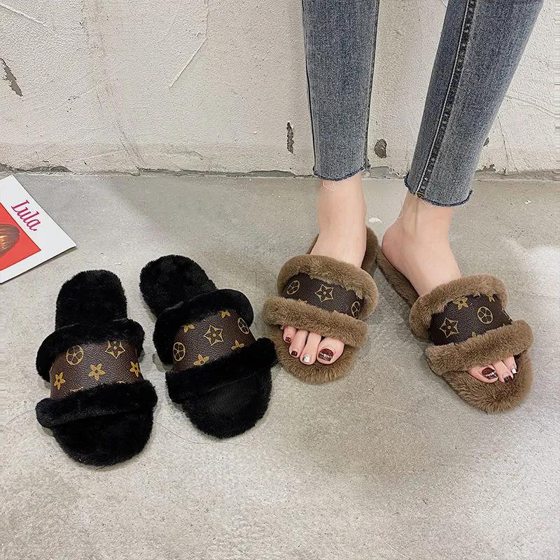 Slippers for Women Luxury Designer Leather Furry Winter Slipper Open Toe Slides Cotton Shoes Indoor Causal Ladies Slippers