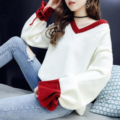 Large Size Warm Cashmere Sweater V-neck Sweater Female Autumn and Winter Solid Color Long Sleeve