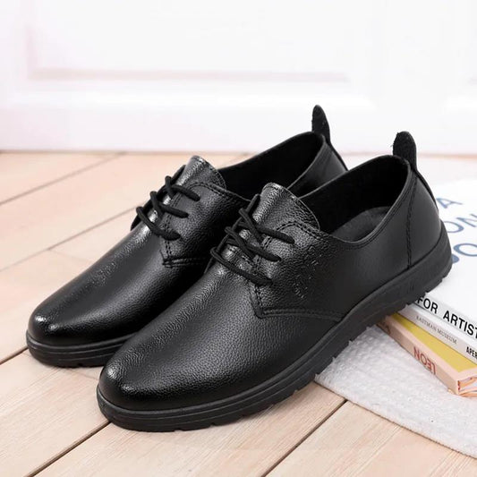 Black Work Shoes Men's Restaurant Go To Work Flat Leather Shoes Men's Non-slip Soft-soled Shoes